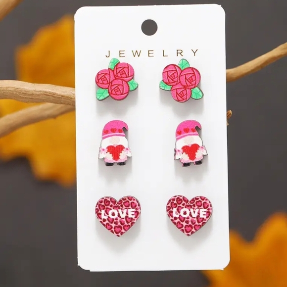 Wood Stud Valentine Earrings Roses,Gnomes, and Hearts 3 Pair - Picture 1 of 2